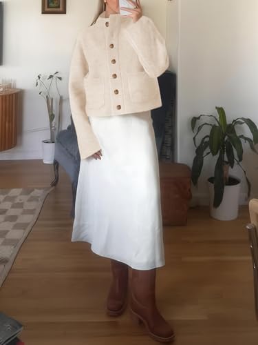 Cicy Bell Womens Chunky Knit Cardigan Sweaters Button Down Mock Neck Open Front Jacket Winter Casual Outerwear with Pockets Beige at Amazon Women’s Clothing store