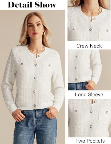 Womens 2024 Long Sleeve Crew Neck Cardigan Button Down Knitted Shirt Outerwear with Pockets White at Amazon Women’s Clothing store