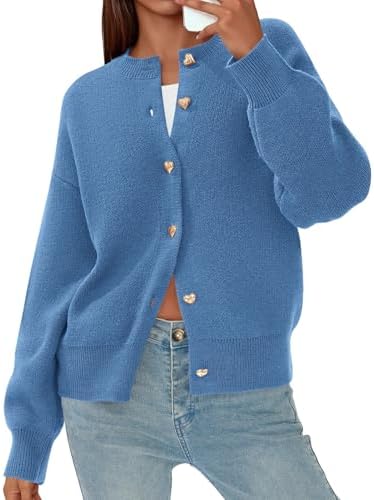 PRETTYGARDEN Cardigan for Women 2026 Fall Fashion Long Sleeve Trendy Button Down Work Office Sweaters Cute Winter Jacket (Grey Blue,Small) at Amazon Women’s Clothing store