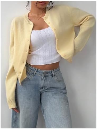 SOLY HUX Women's Button Down Cropped Lightweight Cardigan Sweater Cute Fall Fashion 2025 Mustard Yellow X-Small at Amazon Women’s Clothing store