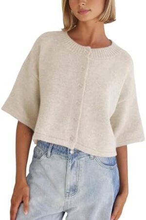 Springrain Cardigan Sweaters for Women Lightweight Knit Cropped Cardigan Button Up Solid Knitwear(Beige-L) at Amazon Women’s Clothing store