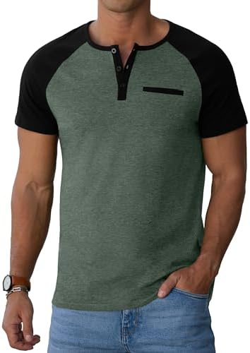 Sailwind Henley Shirts for Men Short Sleeve Casual Summer Collarless Tee Basic T-Shirts Shirts Fashion Button Top with Pocket Green Black |