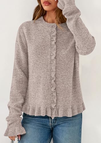 PRETTYGARDEN Womens Fall Button Down Cardigans Chunky Knit Ruffle Open Front Cropped Cardigan Sweaters Soft Long Sleeve Tops (Oatmeal,Medium) at Amazon Women’s Clothing store