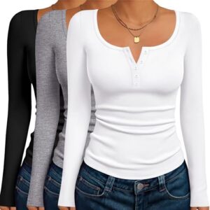 Ekouaer Long Sleeve Shirts for Women 3 Packs Henley Fall Button Tops Slim Fit Casual Thermal Underscrub Black/Light Gray/White (3pcs) L : Clothing, Shoes & Jewelry