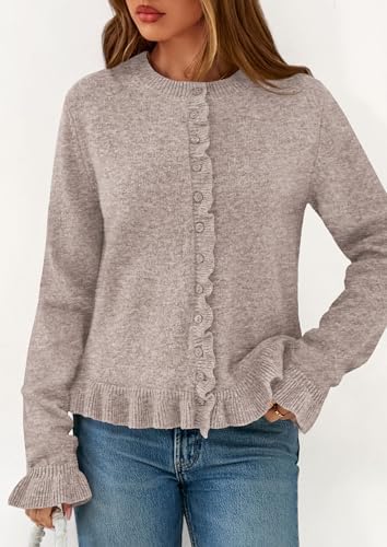 PRETTYGARDEN Womens Fall Button Down Cardigans Chunky Knit Ruffle Open Front Cropped Cardigan Sweaters Soft Long Sleeve Tops (Oatmeal,Medium) at Amazon Women’s Clothing store