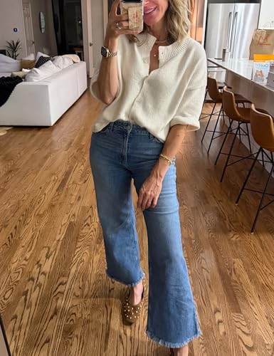 Springrain Cardigan Sweaters for Women Lightweight Knit Cropped Cardigan Button Up Solid Knitwear(Beige-L) at Amazon Women’s Clothing store