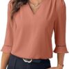 EVALESS Women's 3/4 Sleeve Top, Fashion Casual Ruched V-Neck Business Work Blouse, Office Shirt