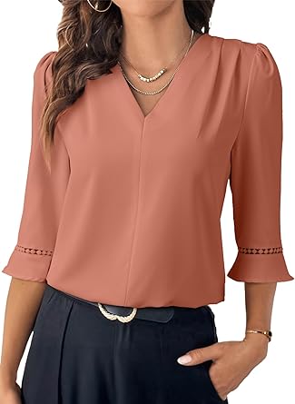 EVALESS Women's 3/4 Sleeve Top, Fashion Casual Ruched V-Neck Business Work Blouse, Office Shirt