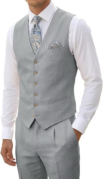 High-end Linen Suit, Men's 2-Piece Slim-fit Outfit, Silver Lightweight Casual Tuxedo with Vest & Pants, for Beach, Summer, Wedding and Groomsmen
