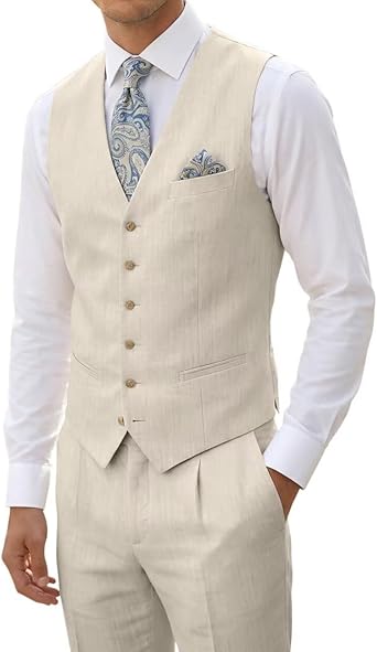 High-end Linen Suit, Men's 2-Piece Slim-fit Outfit, Silver Lightweight Casual Tuxedo with Vest & Pants, for Beach, Summer, Wedding and Groomsmen