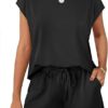 WIHOLL Two Piece Sets for Women Summer Crew Neck Lounge Short Sets Cap Sleeve Drawstring Sweatsuit with Pocket