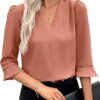 EVALESS Women's 3/4 Sleeve Top, Fashion Casual Ruched V-Neck Business Work Blouse, Office Shirt