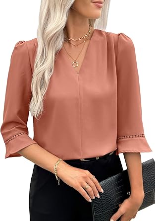 EVALESS Women's 3/4 Sleeve Top, Fashion Casual Ruched V-Neck Business Work Blouse, Office Shirt