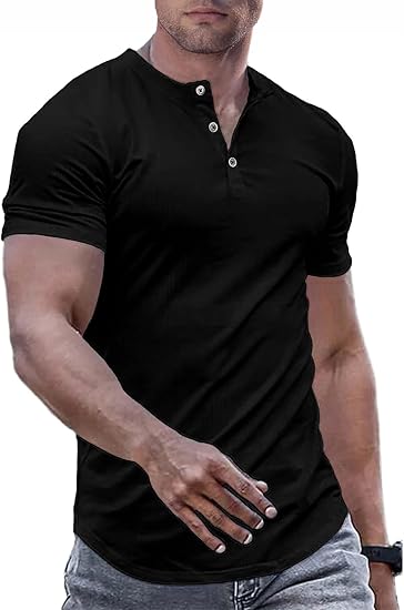 Men's Muscle Slim Fit Henley Shirt, Crew Neck Longline T-Shirt, Button Casual Sports Tee for Gym & Workout