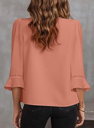EVALESS Women's 3/4 Sleeve Top, Fashion Casual Ruched V-Neck Business Work Blouse, Office Shirt