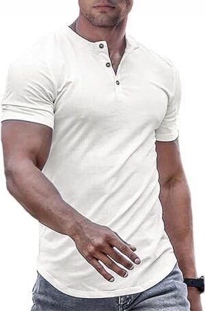 Men's Muscle Slim Fit Henley Shirt, Crew Neck Longline T-Shirt, Button Casual Sports Tee for Gym & Workout