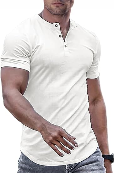 Men's Muscle Slim Fit Henley Shirt, Crew Neck Longline T-Shirt, Button Casual Sports Tee for Gym & Workout