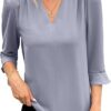 EVALESS Women's 3/4 Sleeve Top, Fashion Casual Ruched V-Neck Business Work Blouse, Office Shirt