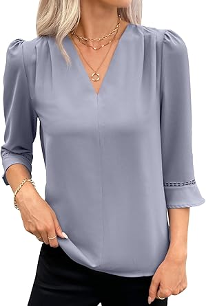 EVALESS Women's 3/4 Sleeve Top, Fashion Casual Ruched V-Neck Business Work Blouse, Office Shirt