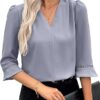 EVALESS Women's 3/4 Sleeve Top, Fashion Casual Ruched V-Neck Business Work Blouse, Office Shirt