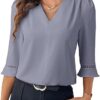 EVALESS Women's 3/4 Sleeve Top, Fashion Casual Ruched V-Neck Business Work Blouse, Office Shirt