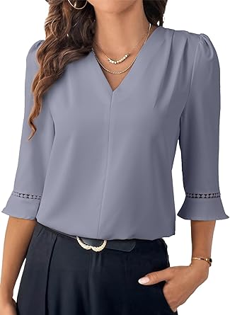 EVALESS Women's 3/4 Sleeve Top, Fashion Casual Ruched V-Neck Business Work Blouse, Office Shirt