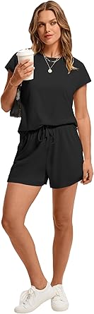 WIHOLL Two Piece Sets for Women Summer Crew Neck Lounge Short Sets Cap Sleeve Drawstring Sweatsuit with Pocket