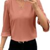EVALESS Women's 3/4 Sleeve Top, Fashion Casual Ruched V-Neck Business Work Blouse, Office Shirt