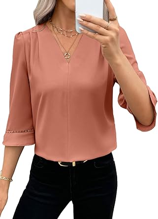 EVALESS Women's 3/4 Sleeve Top, Fashion Casual Ruched V-Neck Business Work Blouse, Office Shirt