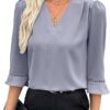 EVALESS Women's 3/4 Sleeve Top, Fashion Casual Ruched V-Neck Business Work Blouse, Office Shirt