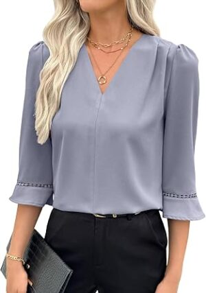 61vHg+r07NL._AC_SY445_ EVALESS Women's 3/4 Sleeve Top, Fashion Casual Ruched V-Neck Business Work Blouse, Office Shirt