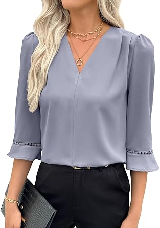 EVALESS Women's 3/4 Sleeve Top, Fashion Casual Ruched V-Neck Business Work Blouse, Office Shirt