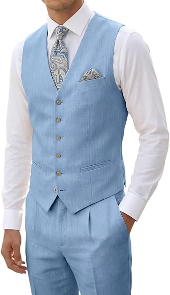 High-end Linen Suit, Men's 2-Piece Slim-fit Outfit, Silver Lightweight Casual Tuxedo with Vest & Pants, for Beach, Summer, Wedding and Groomsmen