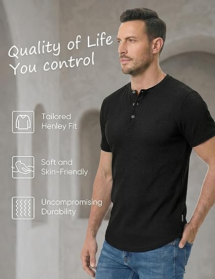 Men's Muscle Slim Fit Henley Shirt, Crew Neck Longline T-Shirt, Button Casual Sports Tee for Gym & Workout