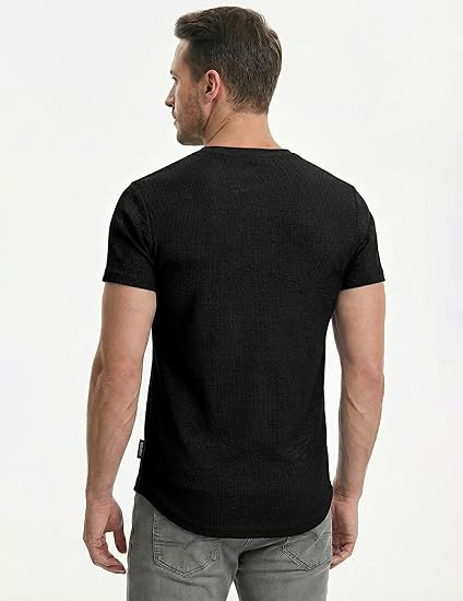 Men's Muscle Slim Fit Henley Shirt, Crew Neck Longline T-Shirt, Button Casual Sports Tee for Gym & Workout