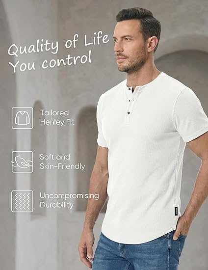 Men's Muscle Slim Fit Henley Shirt, Crew Neck Longline T-Shirt, Button Casual Sports Tee for Gym & Workout