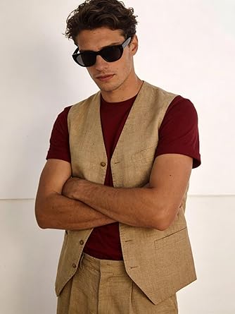 High-end Linen Suit, Men's 2-Piece Slim-fit Outfit, Silver Lightweight Casual Tuxedo with Vest & Pants, for Beach, Summer, Wedding and Groomsmen