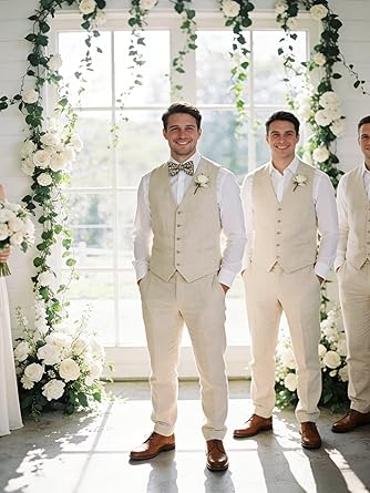 High-end Linen Suit, Men's 2-Piece Slim-fit Outfit, Silver Lightweight Casual Tuxedo with Vest & Pants, for Beach, Summer, Wedding and Groomsmen