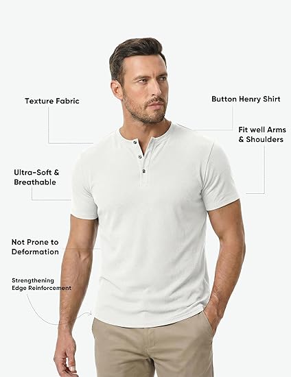 Men's Muscle Slim Fit Henley Shirt, Crew Neck Longline T-Shirt, Button Casual Sports Tee for Gym & Workout