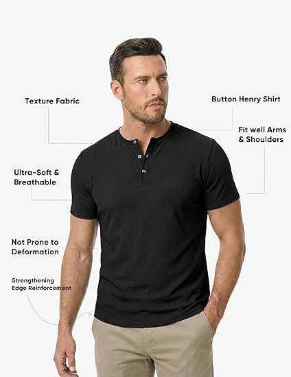 Men's Muscle Slim Fit Henley Shirt, Crew Neck Longline T-Shirt, Button Casual Sports Tee for Gym & Workout