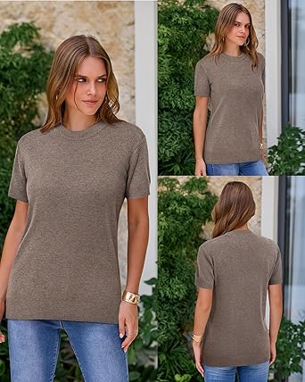 Arach&Cloz Women's Lightweight Wool-Blend Short Sleeve Sweater Top, Business & Casual Style