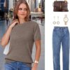 Arach&Cloz Women's Lightweight Wool-Blend Short Sleeve Sweater Top, Business & Casual Style