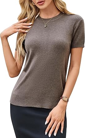 Arach&Cloz Women's Lightweight Wool-Blend Short Sleeve Sweater Top, Business & Casual Style