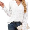 RUMIA Women's Blouse, V-Neck Eyelet Lace Lined Dress Shirt, Sheer Long-Sleeve Embroidered Top, 2025 Fashion