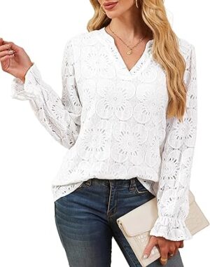 RUMIA Women's Blouse, V-Neck Eyelet Lace Lined Dress Shirt, Sheer Long-Sleeve Embroidered Top, 2025 Fashion