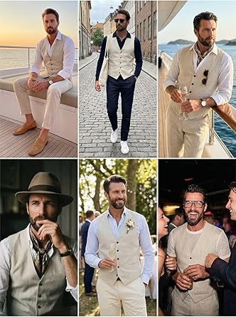 High-end Linen Suit, Men's 2-Piece Slim-fit Outfit, Silver Lightweight Casual Tuxedo with Vest & Pants, for Beach, Summer, Wedding and Groomsmen
