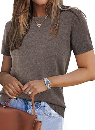 Arach&Cloz Women's Lightweight Wool-Blend Short Sleeve Sweater Top, Business & Casual Style