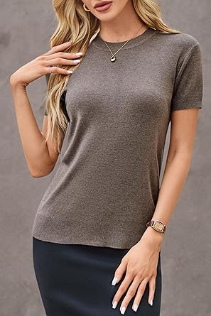 Arach&Cloz Women's Lightweight Wool-Blend Short Sleeve Sweater Top, Business & Casual Style