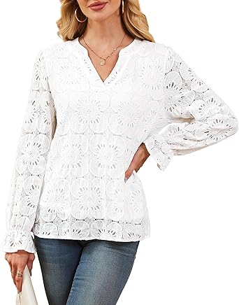 RUMIA Women's Blouse, V-Neck Eyelet Lace Lined Dress Shirt, Sheer Long-Sleeve Embroidered Top, 2025 Fashion