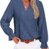 RUMIA Women's Blouse, V-Neck Eyelet Lace Lined Dress Shirt, Sheer Long-Sleeve Embroidered Top, 2025 Fashion